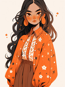 穿橙色花衬衫的长发时尚卡通女孩背景图片
