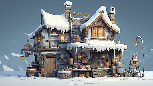 复古温馨的卡通小木屋被大雪覆盖图片