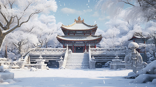 冬天大雪中唯美的古风卡通建筑物背景图片