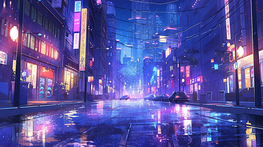 夜晚湿漉漉的卡通街道蓝色调背景图片