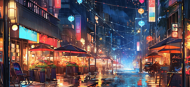大雨中夜晚亮着灯繁华的卡通商业街图片