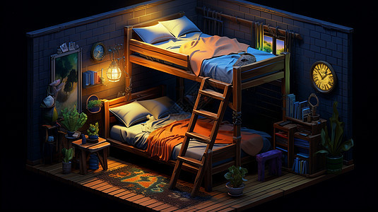 夜晚亮着灯温馨的卡通儿童卧室图片