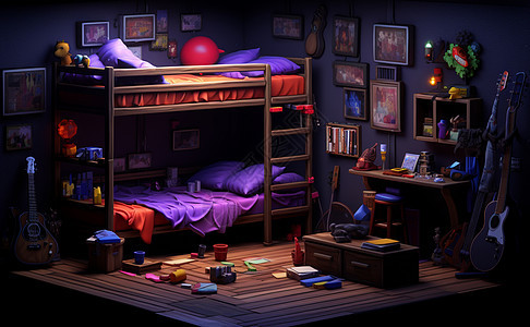 铺着紫色床单温馨的儿童卡通卧室图片