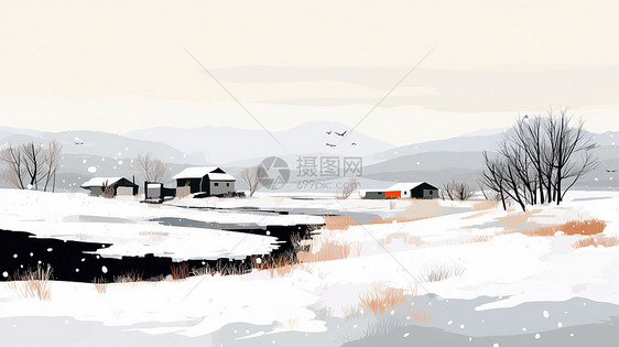 雪中河边几座简约的卡通小房子图片