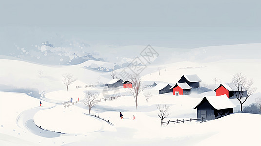 被白雪覆盖的唯美卡通小村庄乡间小路背景图片