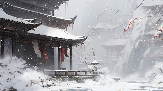 风雪中唯美的卡通古建筑一角与梅花图片