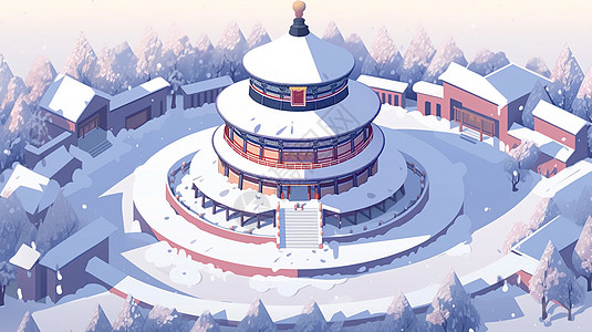 冬天多层圆形屋顶卡通古建筑物图片