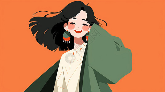 橙色背景穿绿色大外套开心笑的扁平风卡通女孩图片
