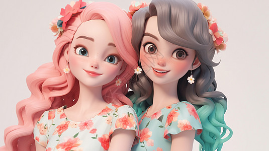 粉色长发与灰色长发可爱的卡通小姐妹背景图片