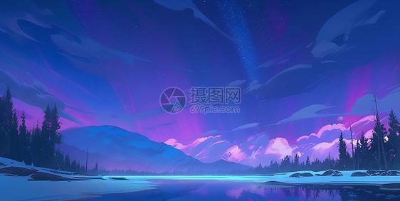 夜晚野外蓝紫色的云朵与极光卡通风景图片