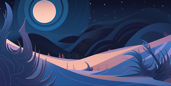夜晚的沙漠扁平风卡通插画图片