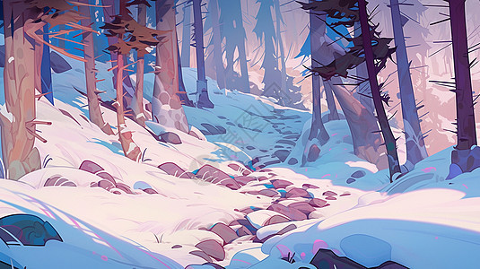 冬天雪后森林中幽静的卡通石子路图片