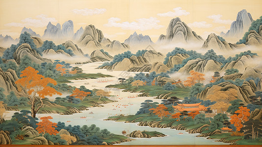 唯美漂亮的大江大河古风山水画图片