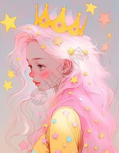 戴金黄色皇冠的粉色长发卡通小女孩图片