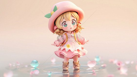 穿粉色裙子戴粉色帽子背着书包的可爱卡通小女孩图片