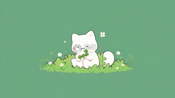 坐在草地上一只可爱的卡通小白猫图片