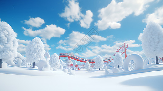 冬天蓝天白云下远处被雪覆盖的卡通游乐场图片
