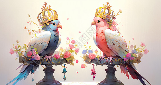 头戴皇冠站在花朵架子上的卡通鹦鹉图片
