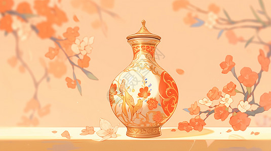 精致漂亮的古风卡通花瓶与花朵背景图片