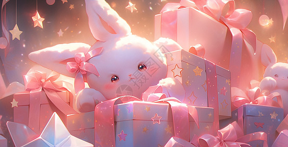 很多可爱的卡通礼物盒与毛绒兔子玩具背景图片