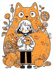 站在大猫前抱着橘子的可爱卡通小女孩图片