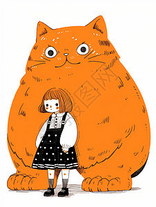 站在巨大的橘猫前可爱的卡通小女孩图片