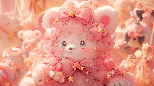 戴着粉色假发呆萌可爱的卡通玩具熊背景图片