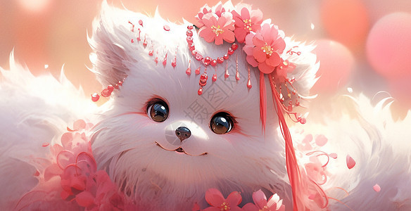 头戴粉色花朵微笑的可爱卡通小狐狸图片