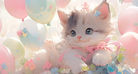 在气球中的可爱卡通小花猫图片