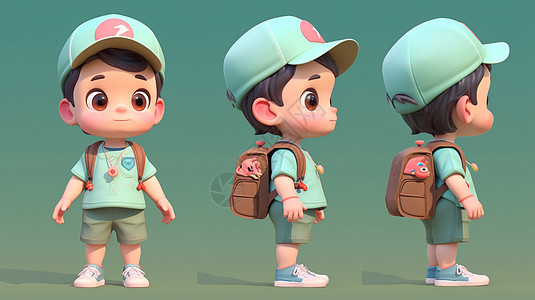 戴着绿色棒球帽可爱的卡通小男孩多角度图片