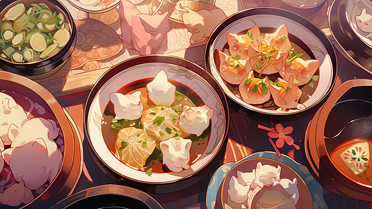盘子中美味的卡通汤饺背景图片