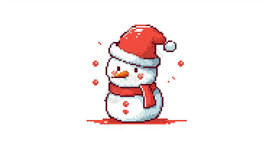 戴着红色圣诞帽可爱的马赛克风卡通小雪人背景图片