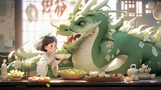 端着美食与绿色巨龙一起吃饭的卡通小女孩图片