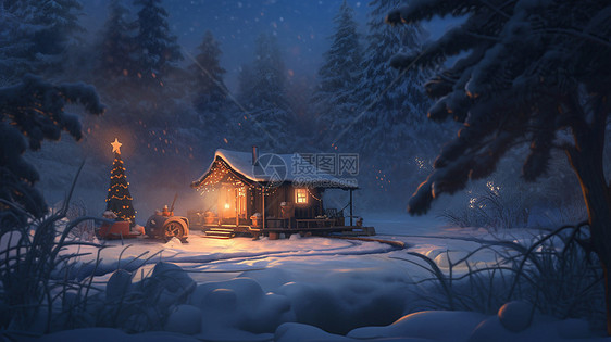 夜晚森林中温馨的卡通小木屋外一个美丽的卡通圣诞树图片