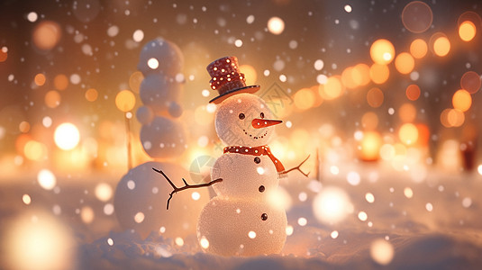 雪中戴着红色帽子梦幻漂亮的卡通小雪人图片