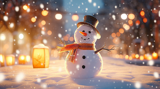 梦幻漂亮的大雪中一个戴着黑色礼帽可爱的卡通小雪人高清图片