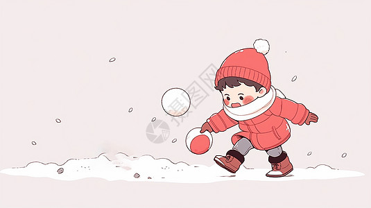 冬天戴着红色毛线帽在雪地中玩耍的可爱卡通小男孩图片