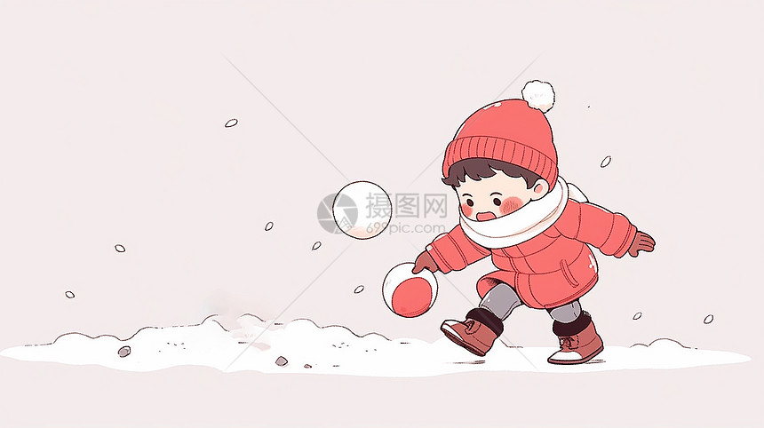 冬天戴着红色毛线帽在雪地中玩耍的可爱卡通小男孩图片