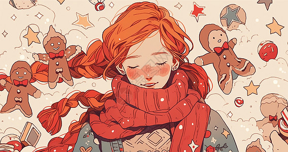 围着红色围巾橙色长发漂亮的卡通小女孩图片