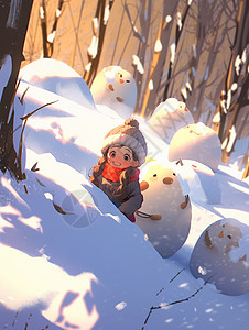 白雪地冬天躲在白雪堆后开心笑的可爱卡通小女孩插画