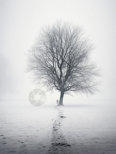 冬天枯树下一个小小的人物剪影图片