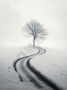 雪地中通向一棵树的弯曲小路图片