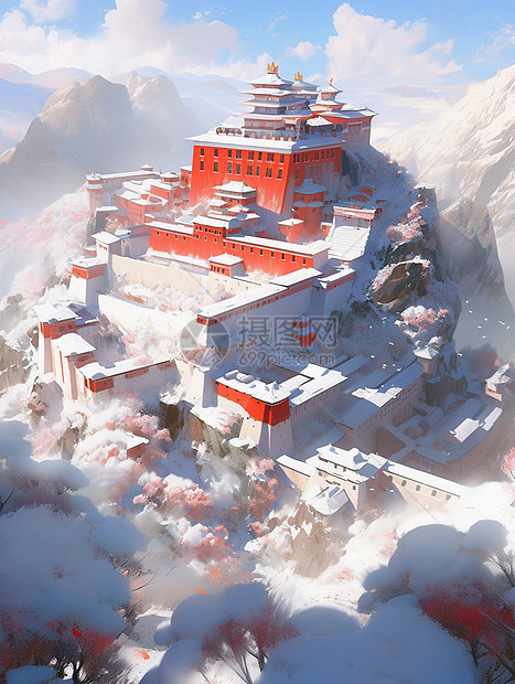红色大气的仿古建筑在雪山上图片