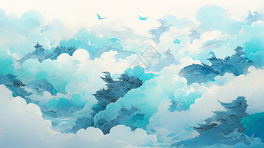 蓝色调抽象唯美的云朵中几座山峰图片