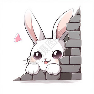趴在墙头上可爱的卡通小白兔图片