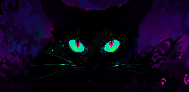 黑色猫夜晚眼睛明亮的卡通猫背景图片