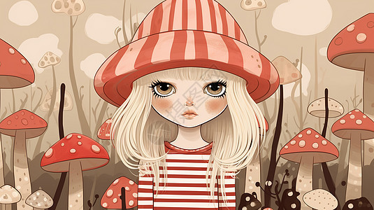 穿着红色条纹可爱的蘑菇主题卡通女孩图片