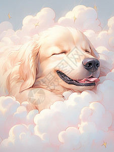 米色可爱的卡通小奶狗趴在云朵上睡觉图片