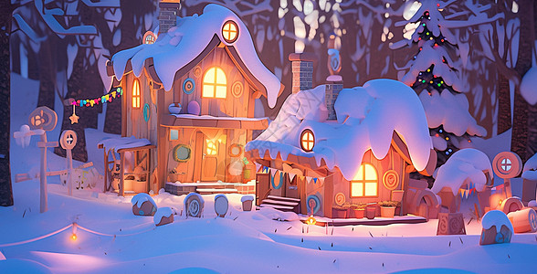 夜晚亮着灯温馨可爱的小雪屋图片
