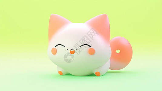 绿色背景粉色耳朵开心笑的可爱卡通小白猫图片